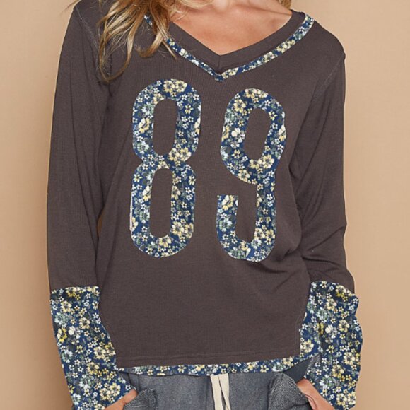 POL L/S TEE V-NECK FLORAL NUMBER PATCHWORK GRAY NIP Restocked - Picture 1 of 6